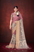 Pink Poly Habotai Silk Foil Print Saree with Unstitched Blouse - Kathari