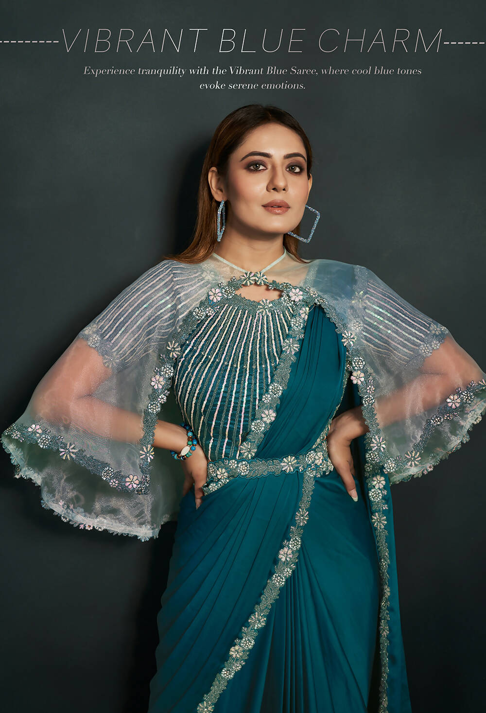 Blue Satin Silk Crepe Cord Sequence & Thread Embroidered & Stone Work Saree - Moh-Manthan Royal Enigma