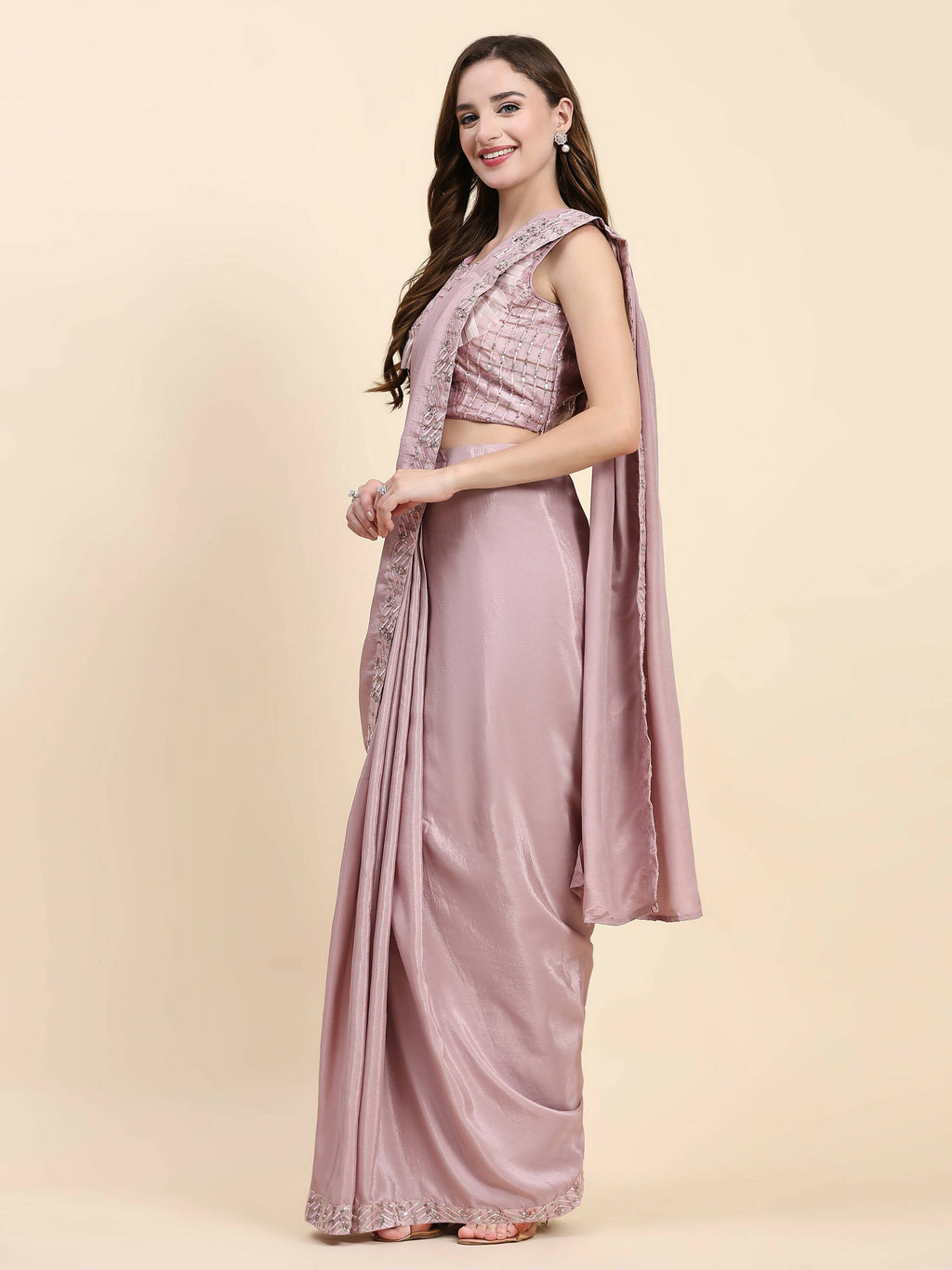 Pink Silk Satin Solid Ready to wear Saree with stitched Blouse - Satiksha