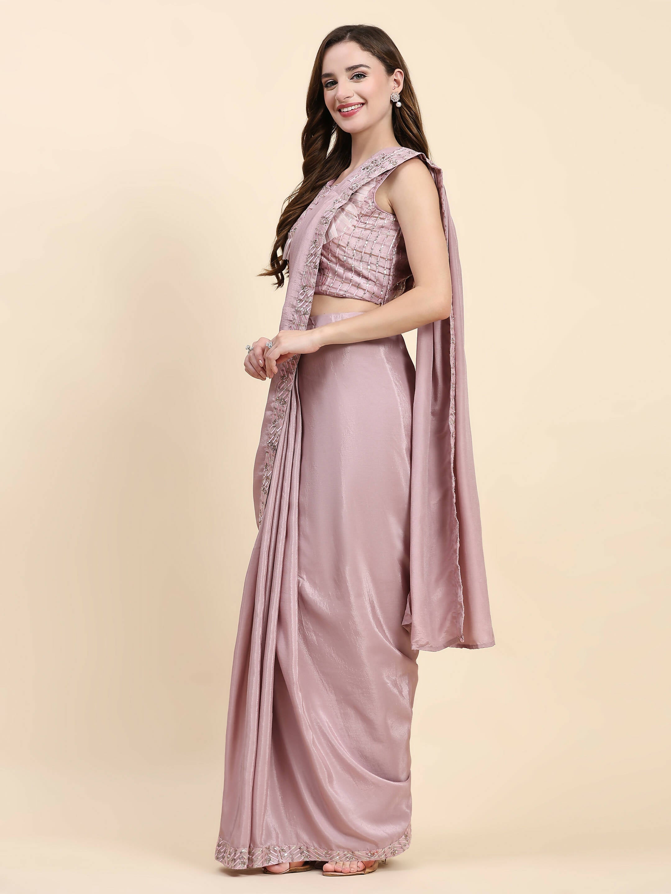 Pink Silk Satin Solid Ready to wear Saree with stitched Blouse - Satiksha