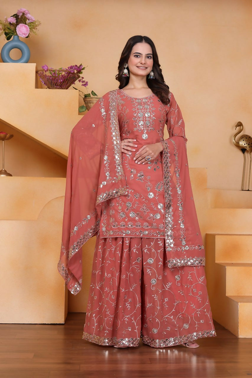 Joban Fashion Pink Georgette Embroidered Sharara Set - Distacart