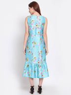 Myshka Women's Green Printed Cotton Blend Sleeveless Round Neck Casual Dress