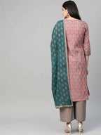 Yufta Women Pink & Blue Printed Kurta with Palazzo & Dupatta