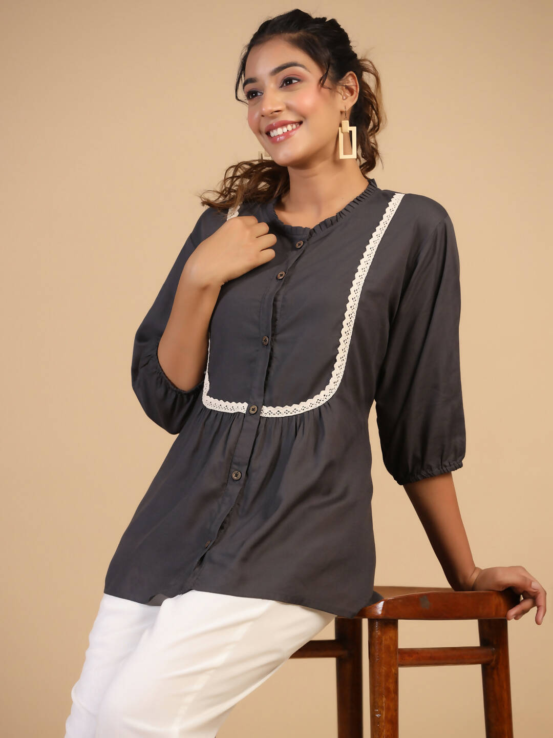Womens Grey Rayon Solid Top - Keeva