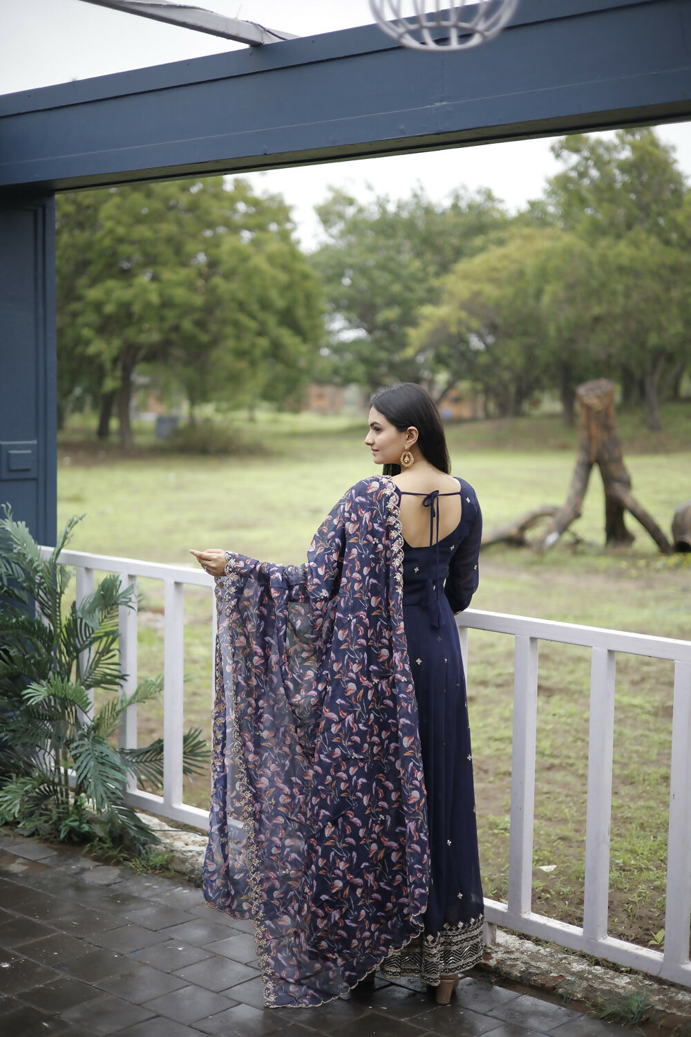 Aayaa Designer Embroidery Zari Sequins-Work Faux Blooming Georgette Suit - Navy Blue - Distacart