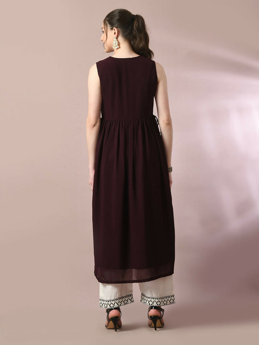 Myshka Women's Coffee Brown Solid Georgette Anarkali Party Kurta Set