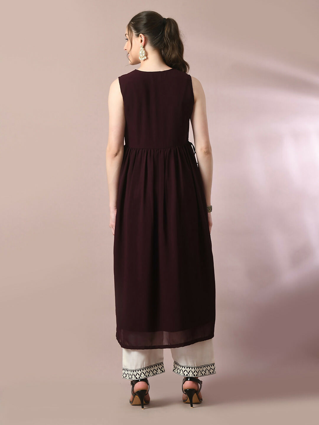 Myshka Women's Coffee Brown Solid Georgette Anarkali Party Kurta Set