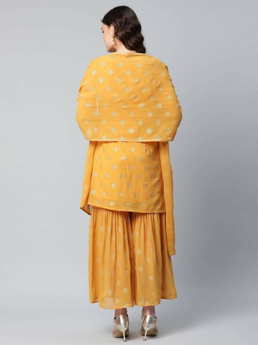 Ahalyaa Womens Mustard Georgette Gold Foil Printed Kurta Sharara Set With Dupatta - Distacart