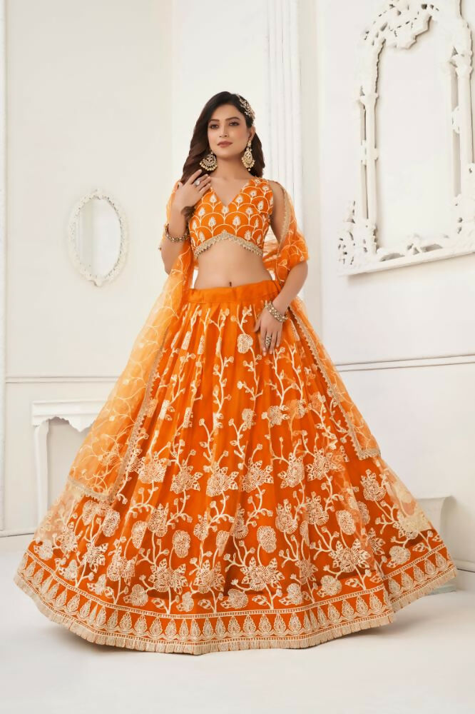 Aastha Fashion Orange Butterfly Net White Cotton Thread Work And Sequence Work Embroidery Wedding Wear Lehenga Choli
