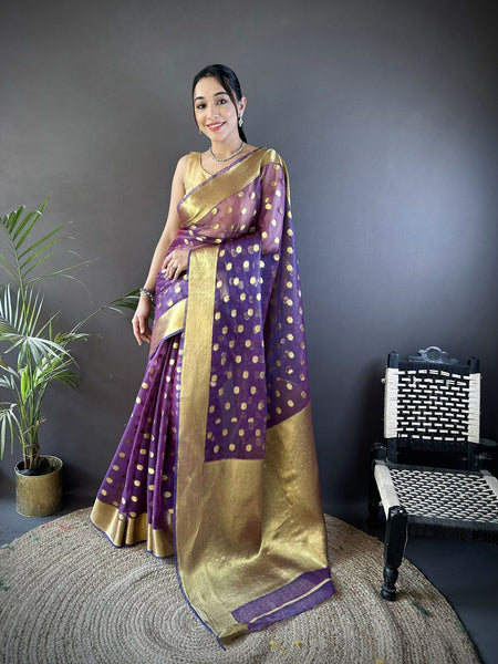 Joban Fashion Purple Polka-Dot Zari Woven Organza Silk Banarasi Silk Saree