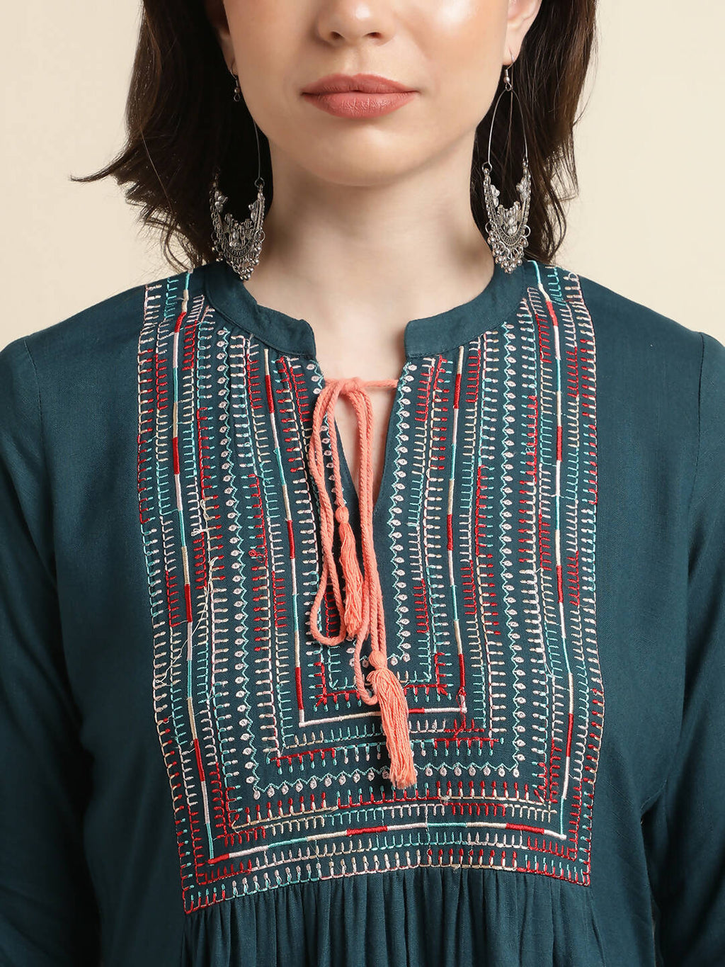 Teal Rayon Yoke Embroidered A-line Top - Tarini