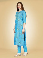 Jyoti Fashion Women's Sky Blue Viscose Rayon Embroidered Kurta Pant Set