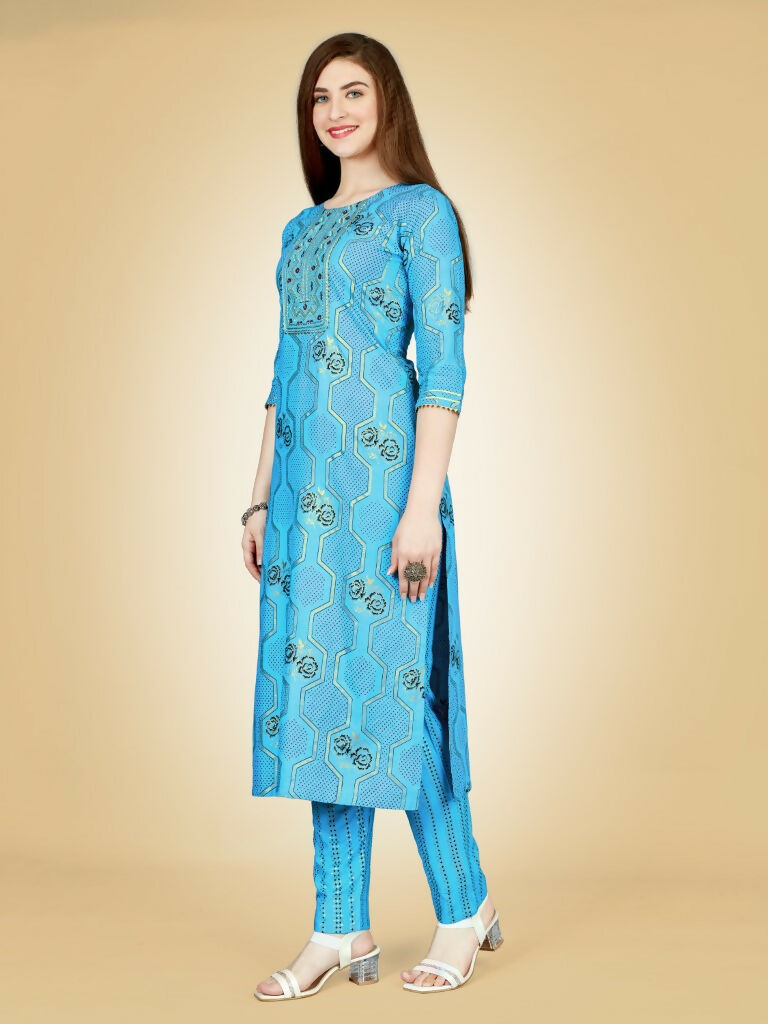 Jyoti Fashion Women's Sky Blue Viscose Rayon Embroidered Kurta Pant Set