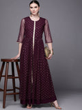 Ahalyaa Women Burgundy Polka Dots Fit & Flare Maxi Ethnic Dress - Distacart