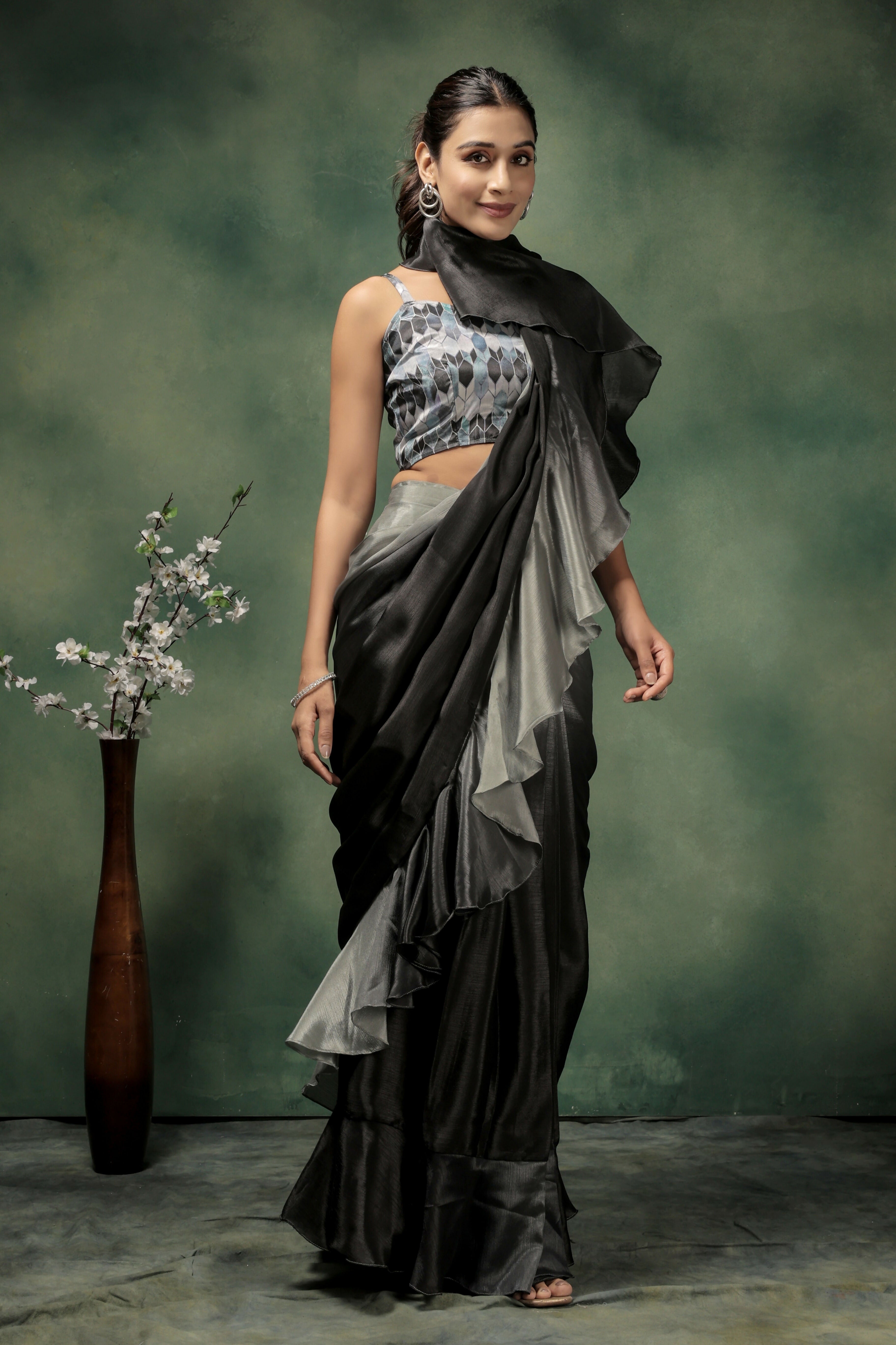 Grey Satin Solid Designer, Printed Party Wear Ready To Wear Saree - Nasreen