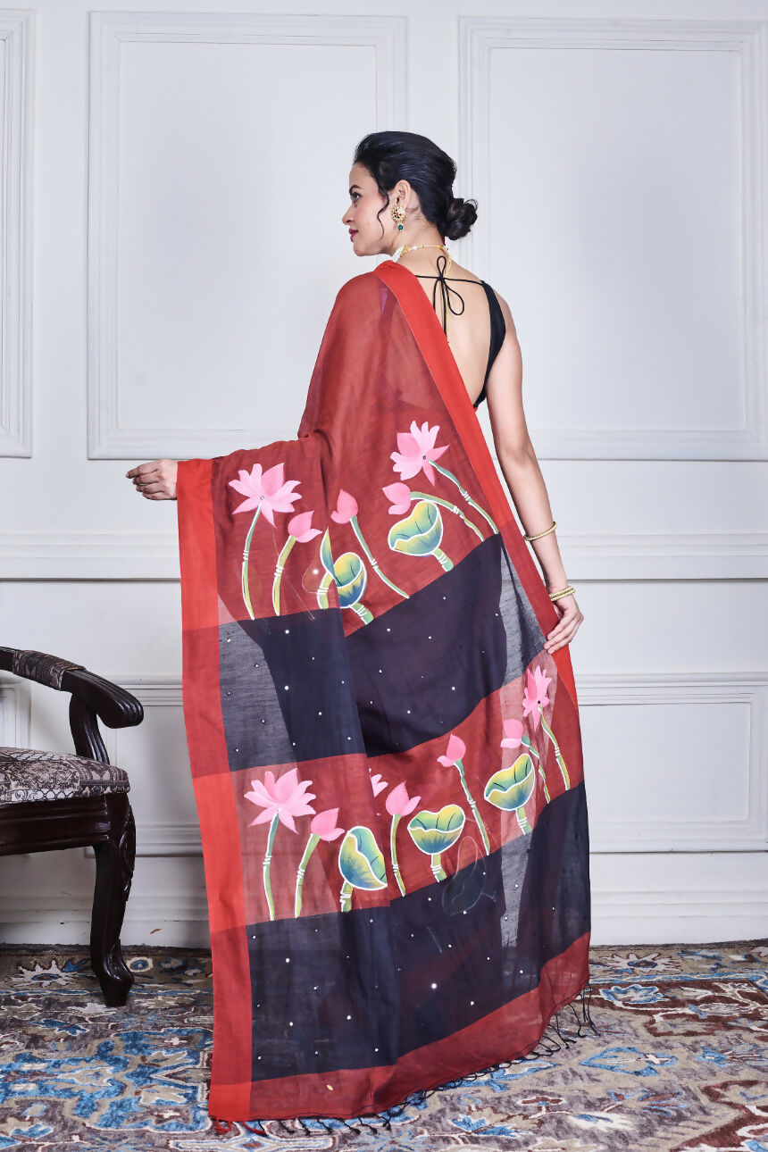 Morchari Multicolour Cotton Handloom Mirror Work Saree Unstitched Blouse - Distacart