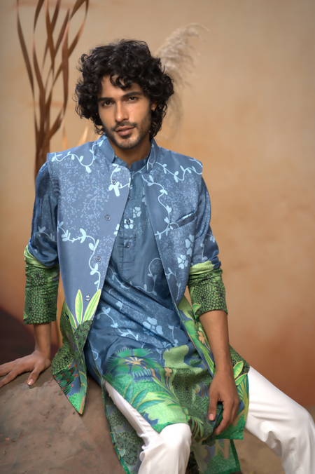 Tree Bark Classy Print Silk Nehrujacket Set by Hilo Design
