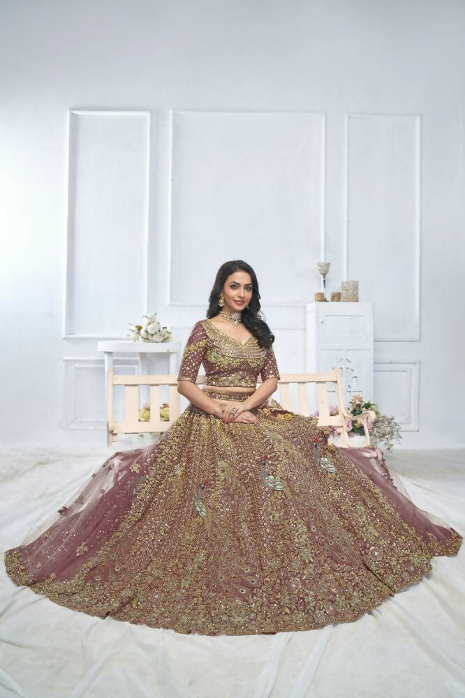Kesar Fab Purple Net Embroidered Lehenga