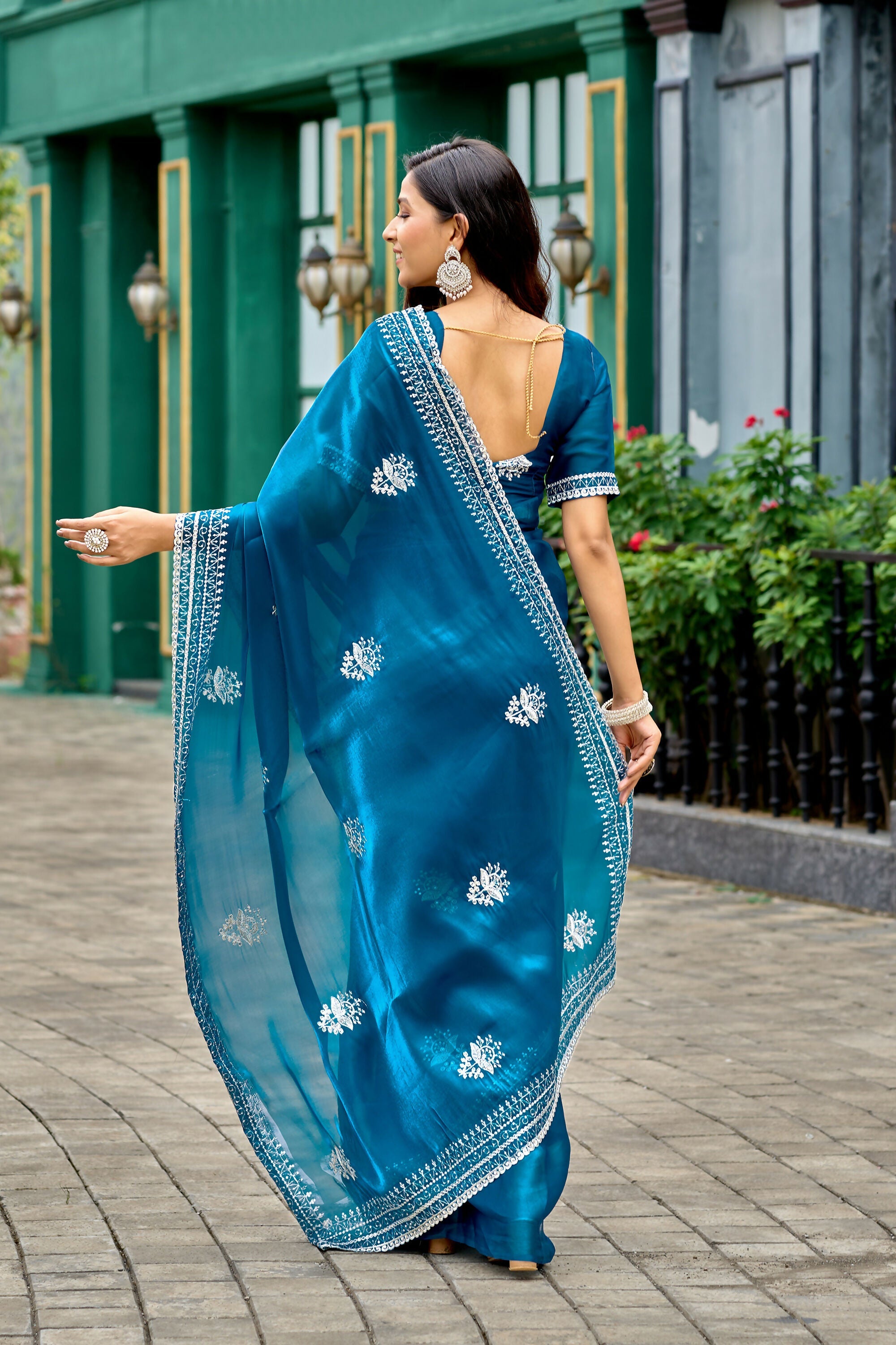 Vastranavya Sea Blue Embroidery Work Shimmer Chiffon Saree with Unstitched Blouse - Distacart