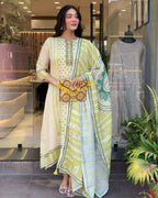 The52 Multi Women's Gorgeous Linen Silk Fabric Embroidered Work Straight Kurta Pant and Dupatta Set - Distacart