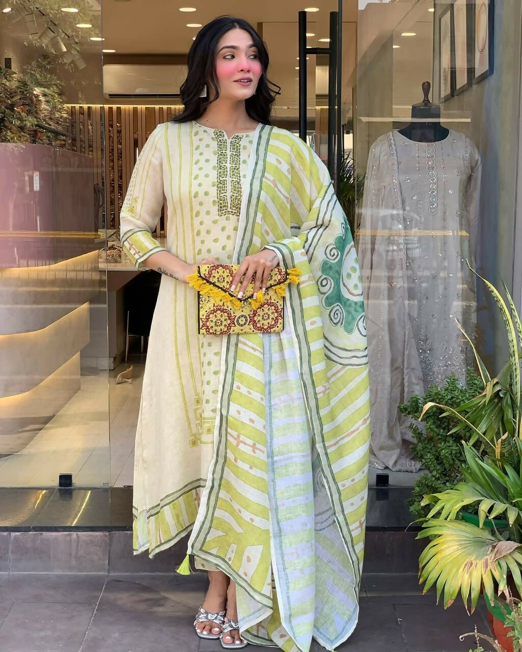 The52 Multi Women's Gorgeous Linen Silk Fabric Embroidered Work Straight Kurta Pant and Dupatta Set - Distacart