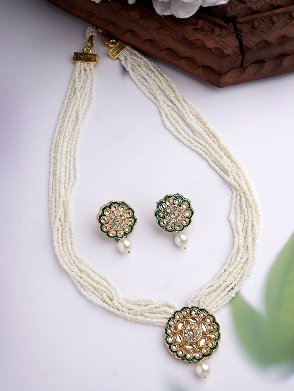 NVR Women's White & Gold-Polished Kundan & Pearl Jewellery Set