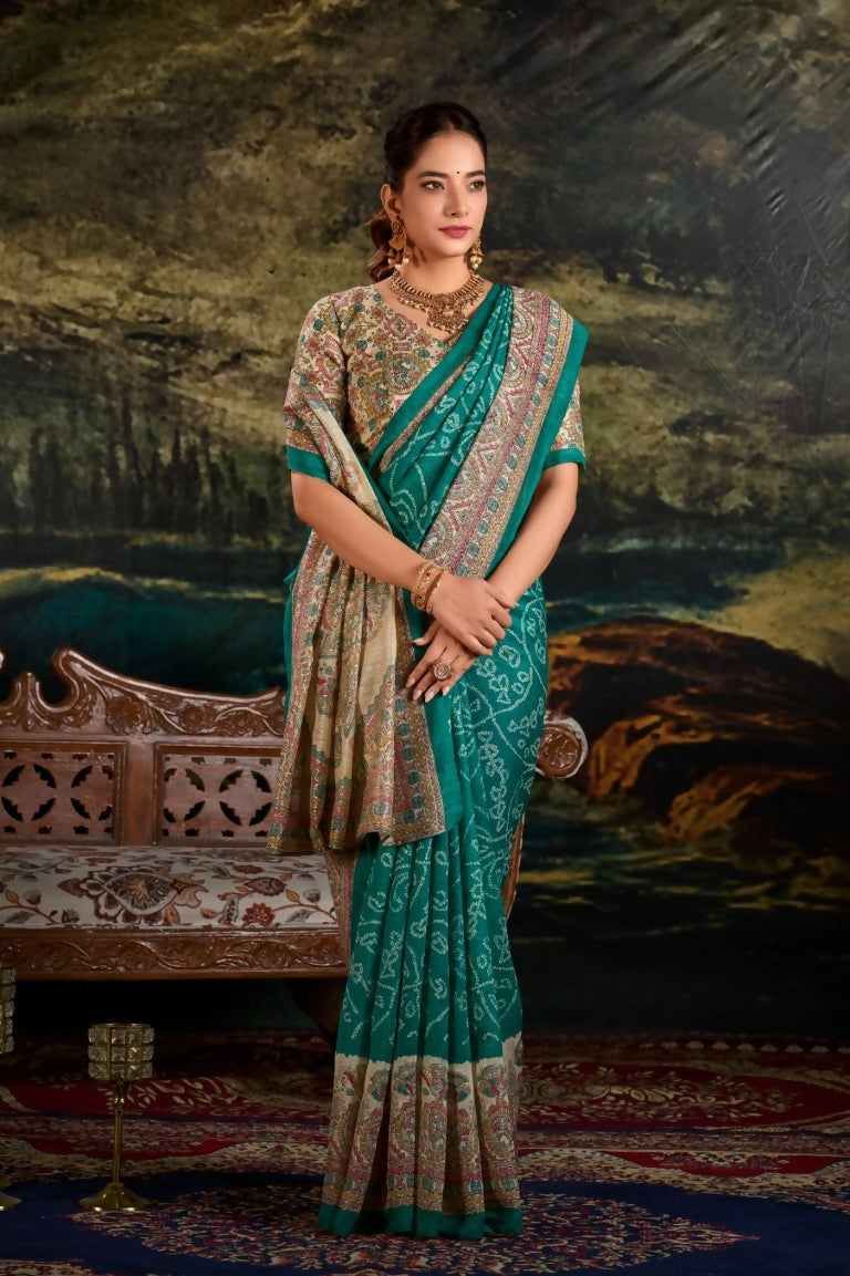 Vastranavya Green Silk Madhubani & Bandhej Fusion Print Saree with Unstitched Blouse