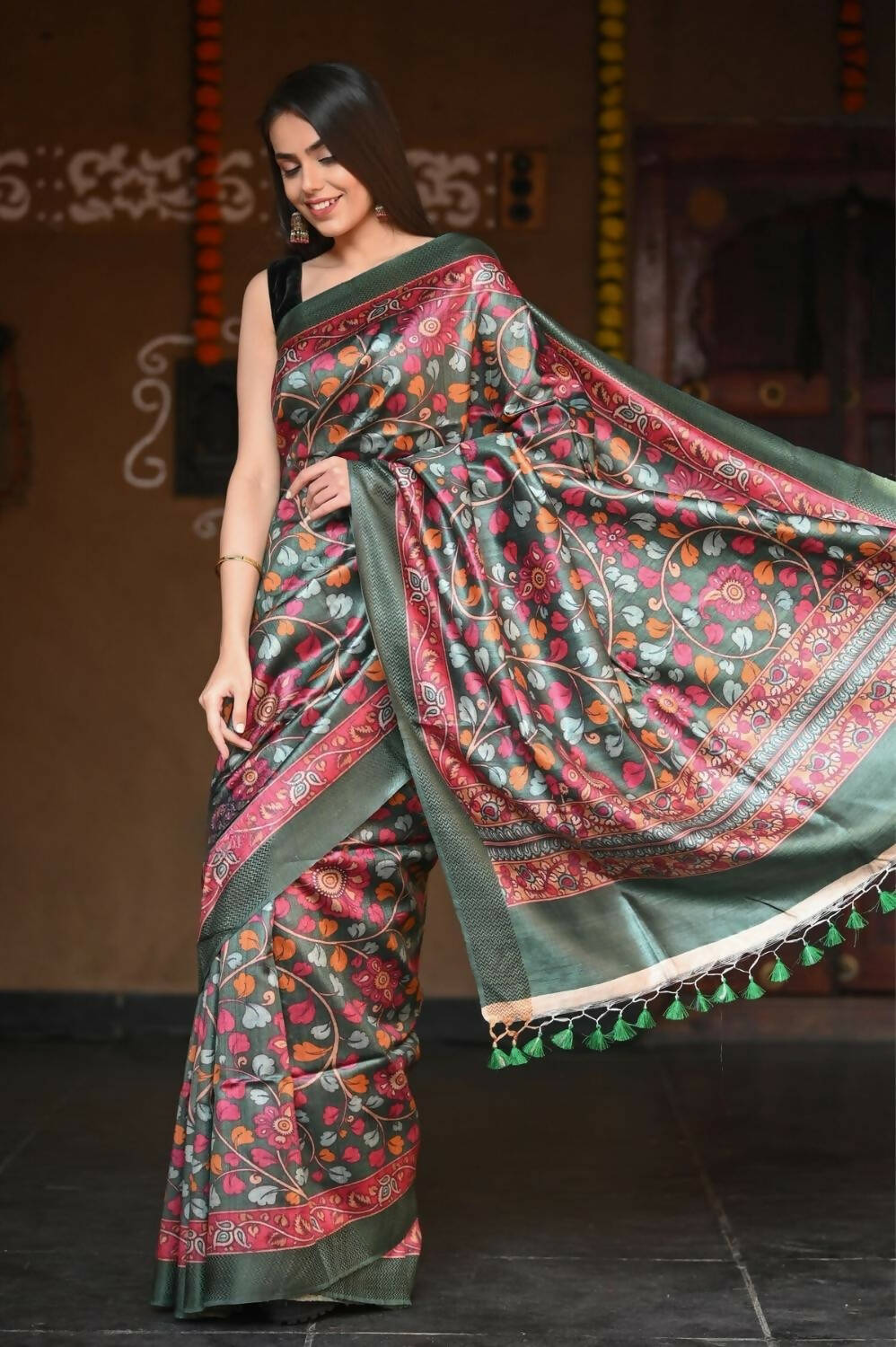 Very Much Indian Handloom Pure Tussar Silk With Floral Prints - Green - Distacart