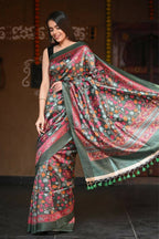Very Much Indian Handloom Pure Tussar Silk With Floral Prints - Green - Distacart