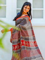 Zibaa Hand-Blocked Pure Maheshwari Silk Navy Blue Saree - Distacart