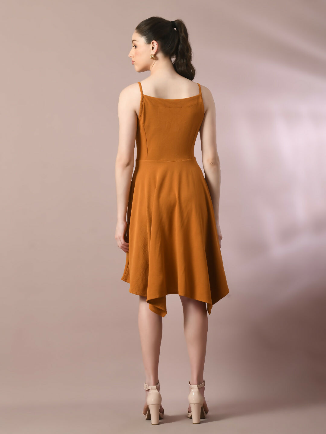 Myshka Women's Mustard Solid Shoulder Straps Fit and Flare Party Dress - Distacart