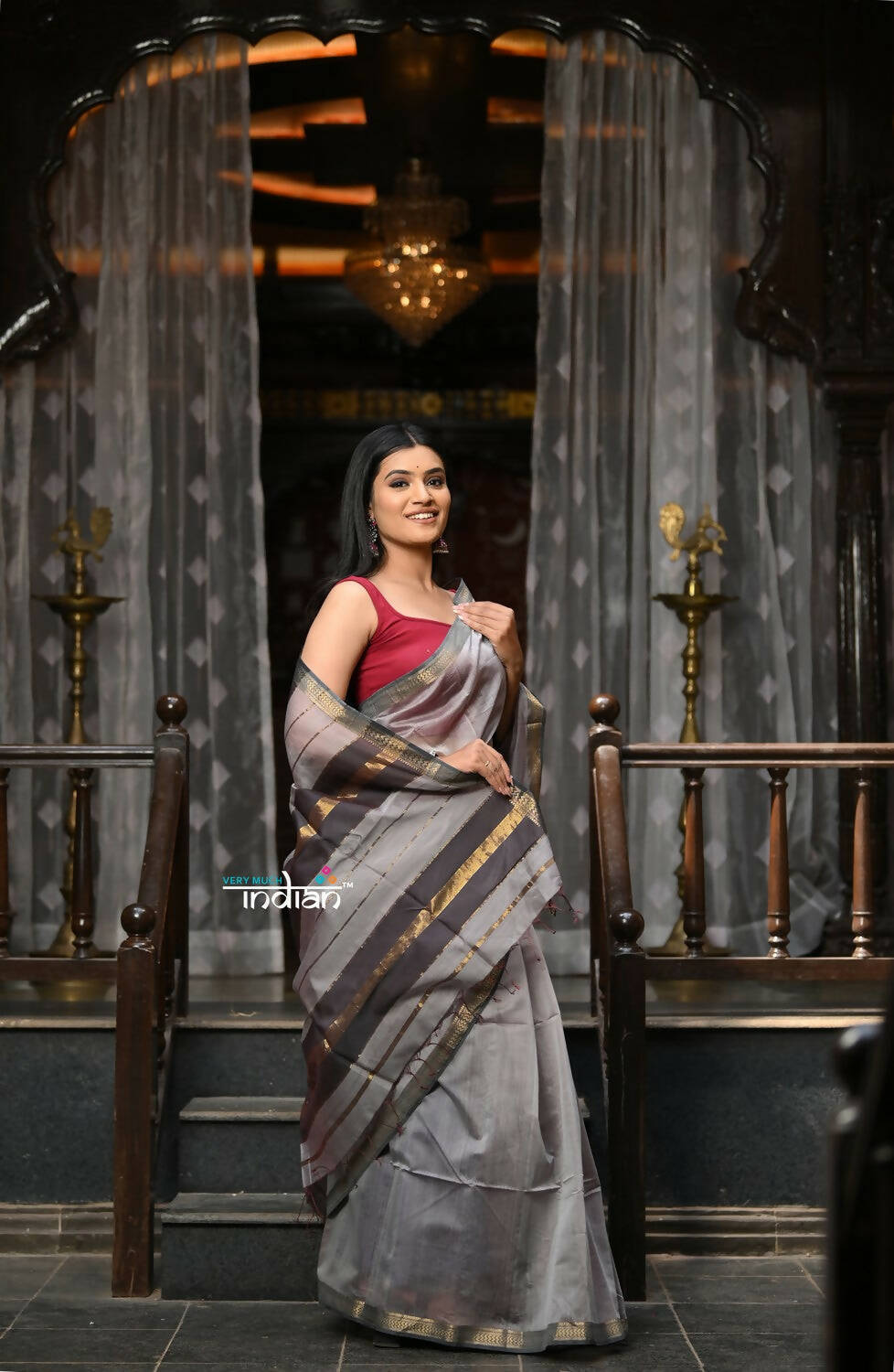 Very Much Indian VMI Exclusive Designer! Handloom Cotton Silk Saree With Sleek Golden Border - Grey Shade