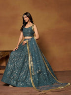 Blue Butterfly Soft Net Embroidery With Real Mirror Work Lehenga Choli - Jihu Culture