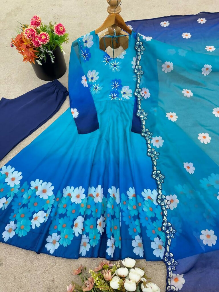 Teeya Creation Multi Color Taby Organza Silk Printed Party Wear Gown - Distacart