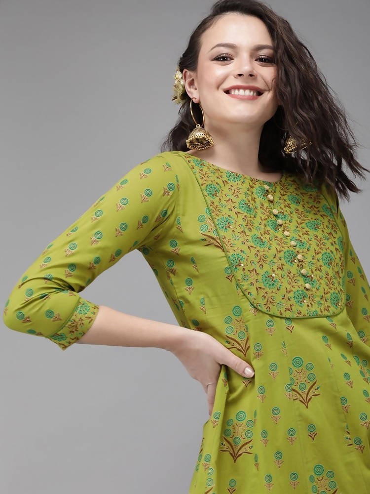 Yufta Women Green & Brown Printed A-Line Panelled Kurta