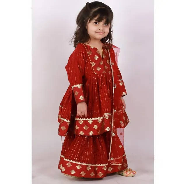 Little Bansi Girls Maroon Color Brocade patch work Kurta Frock with Sharara and Dupatta