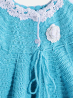 Chutput Kids Woollen Hand Knitted Full Sleeves Flower Work Dress For Baby Girls - Blue