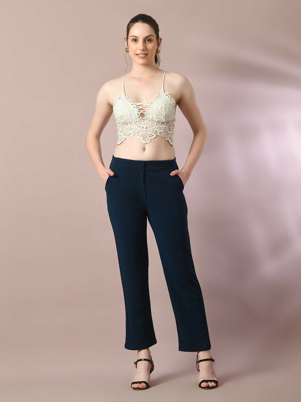 Myshka Women'sNavy Blue Solid Party straight Trousers