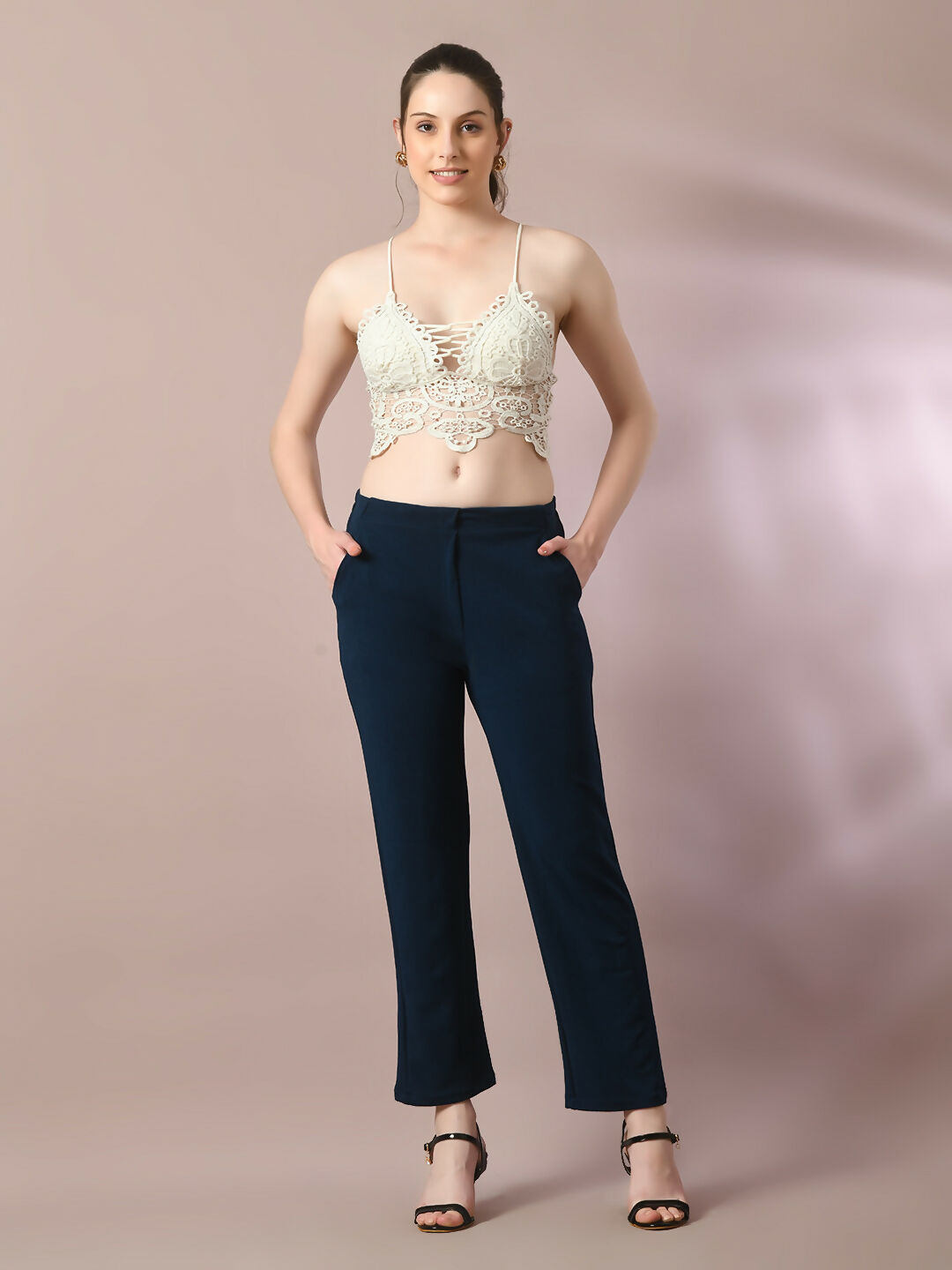Myshka Women'sNavy Blue Solid Party straight Trousers