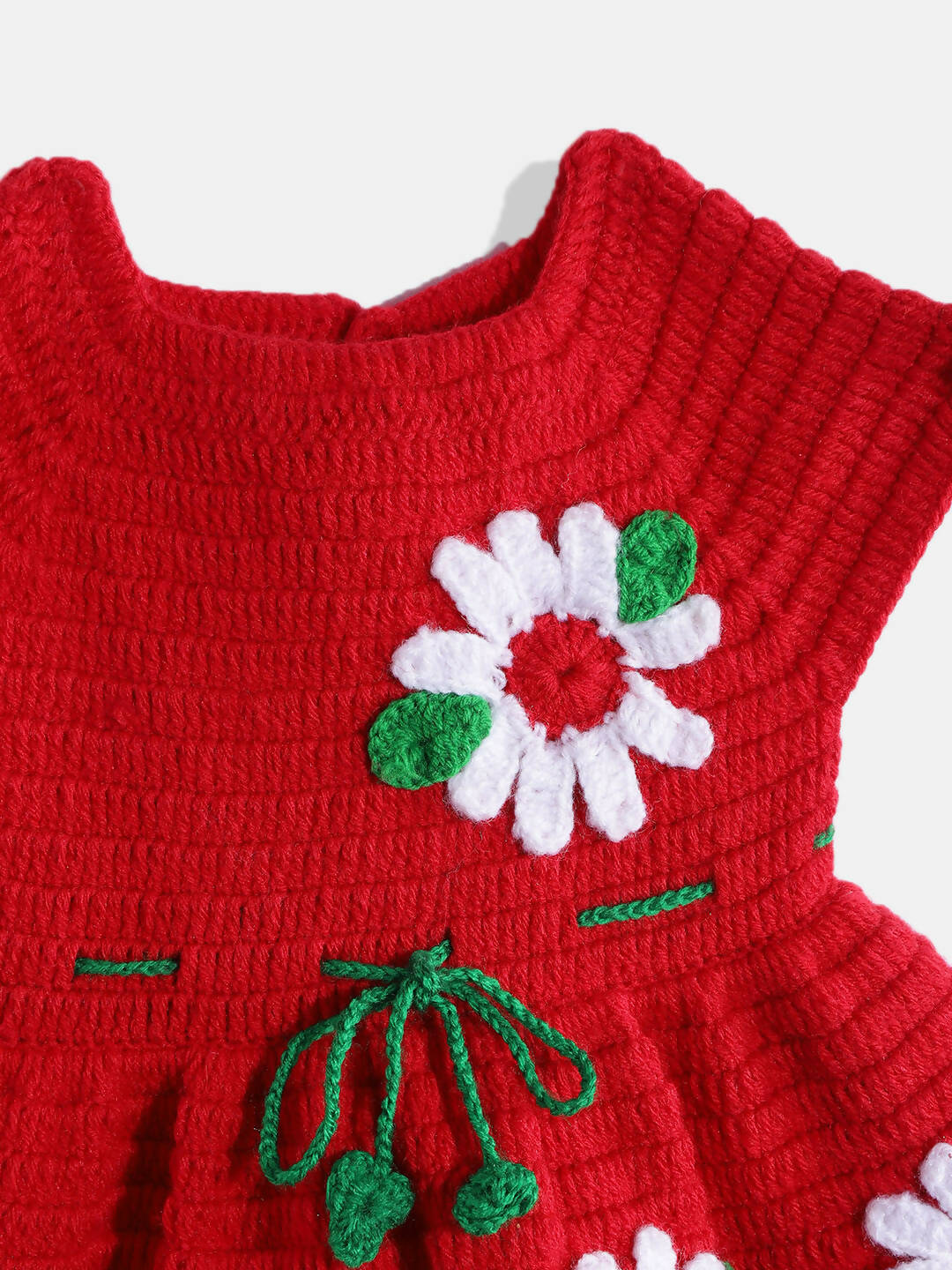 Chutput Kids Woollen Hand Knitted Short Sleeves Flower Detail Dress For Baby Girls - Red