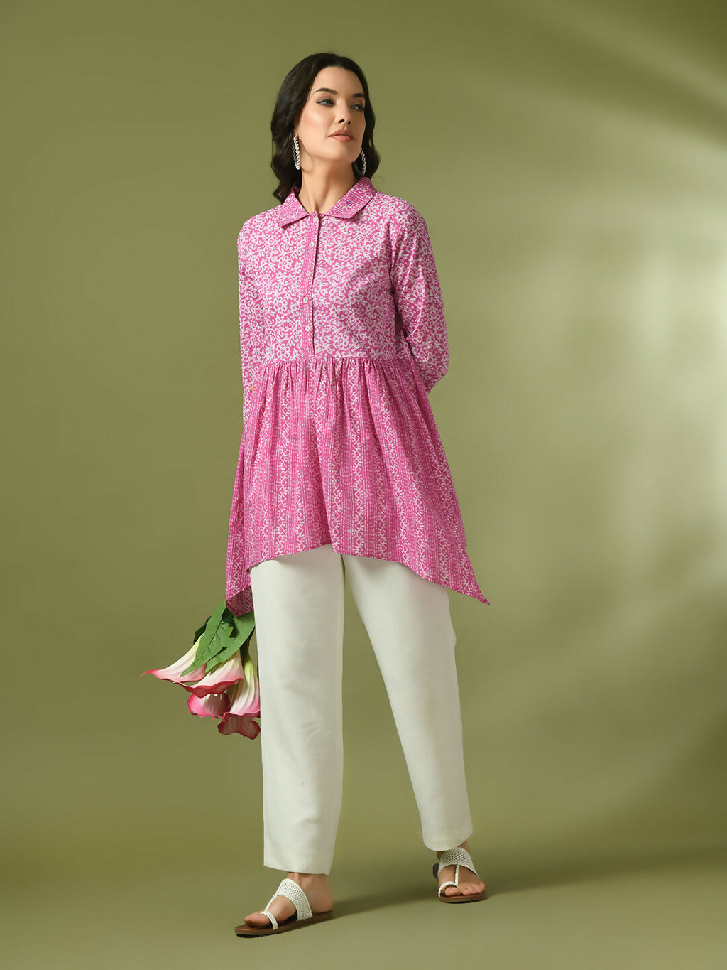 Myshka Women's Pink Embellished Cotton Gathered Party Empire Top