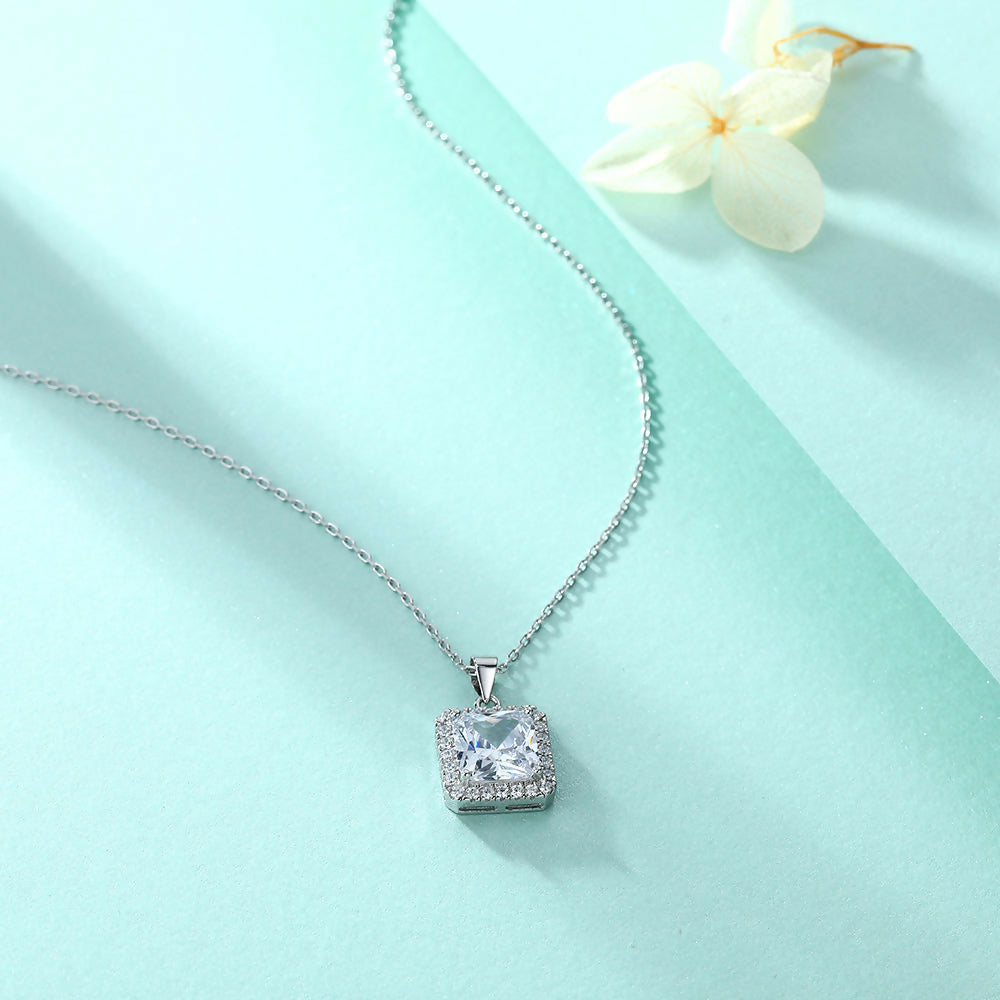 Cauer Radiant Moissanite Pendant Necklace in 925 Sterling Silver, White Gold Plated