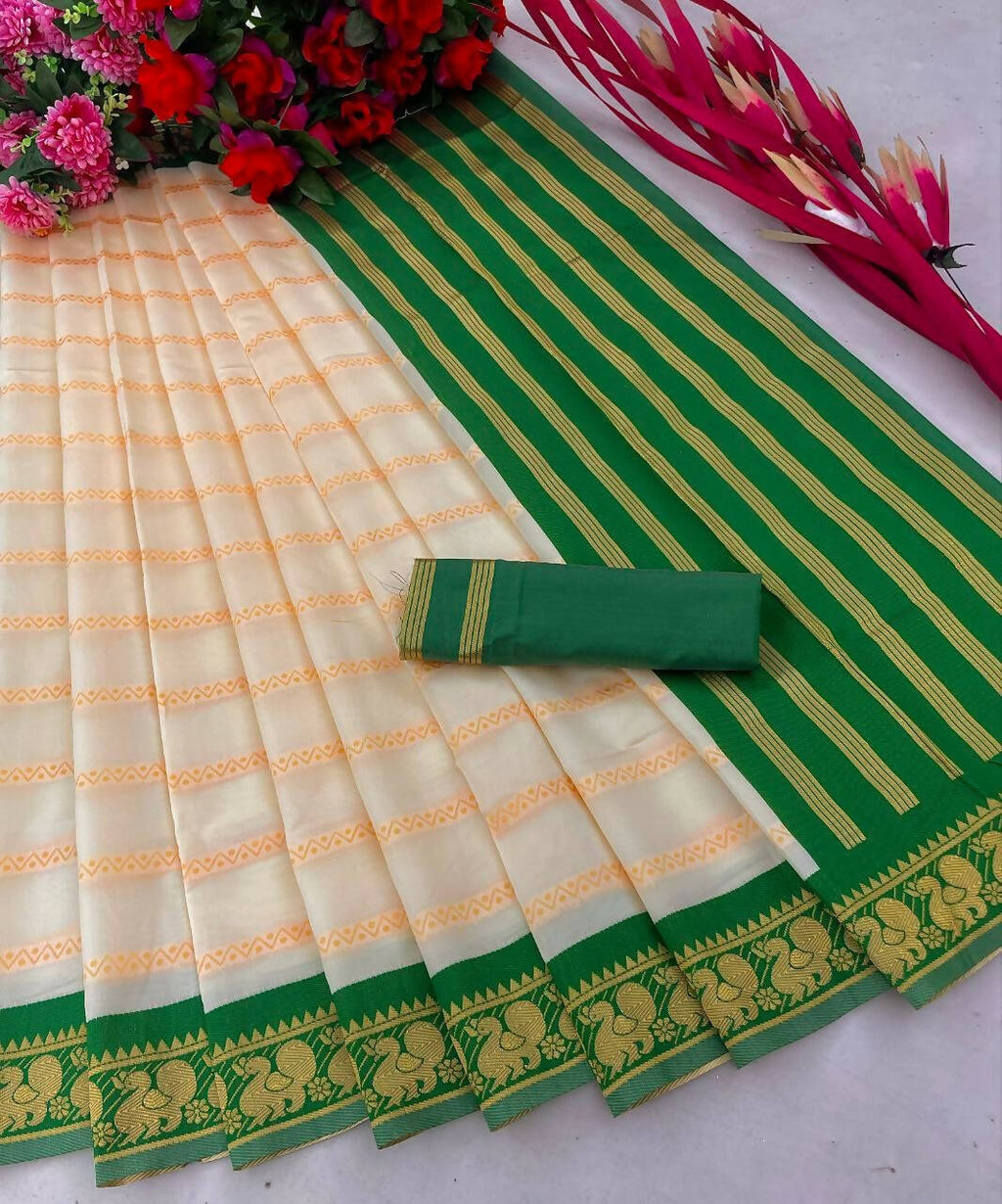 DEIANA'S Beautiful Designer Golden zari Soft Lichi Silk Saree - White