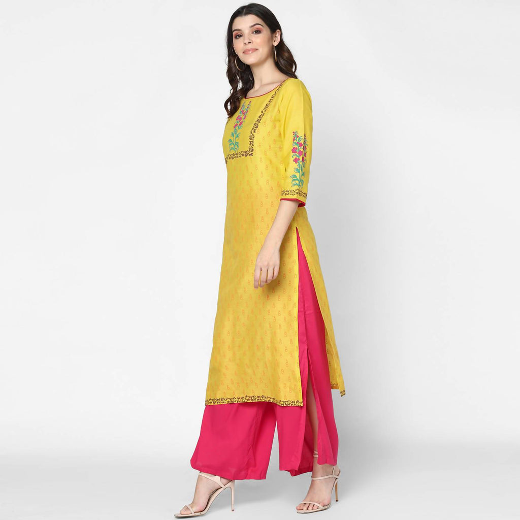 Cheera Hand Block Print Yellow Straight Kurta (MAAI-058K)