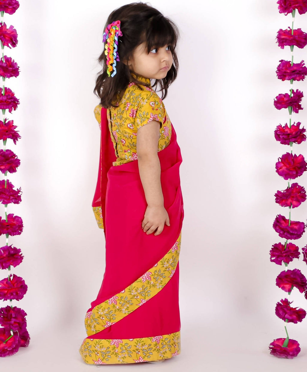 Little Bansi Girls Yellow and Magenta Red Saree with Floral Blouse