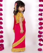 Little Bansi Girls Yellow and Magenta Red Saree with Floral Blouse