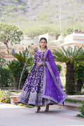 Joban Fashion Purple Viscose Jacquard Sequence Embroidery Work Kurta Set - Distacart