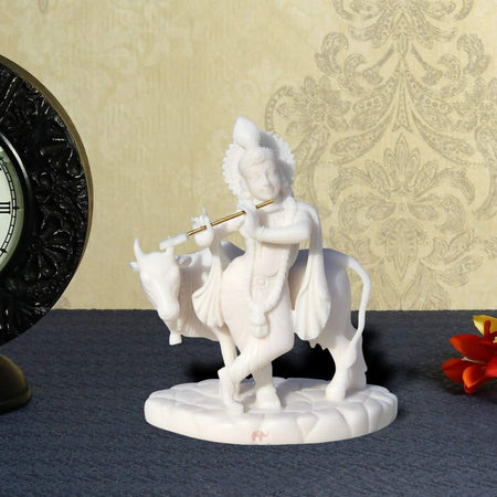 Handicrafts Paradise Carved In Resin Krishna with Cow