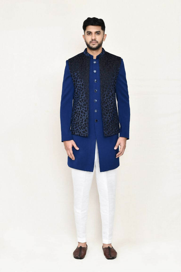 Joban Fashion Blue Colored Imported Jacquard Fabric Open Jacket, Indo Western With Straight Fit Pant