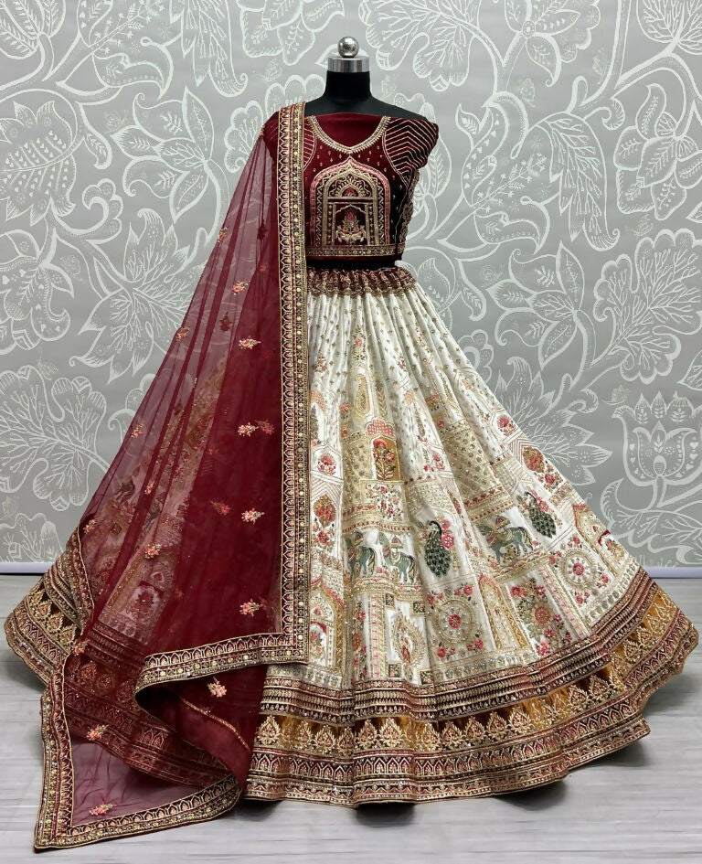 Jyoti Fashion Women's White Velvet Fancy Dori & Sequins with Multi Thread Embroidered with Diamond Work Wedding Lehenga Choli